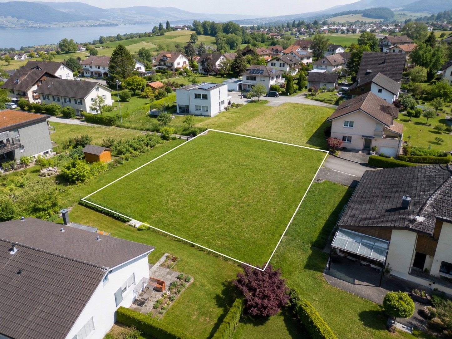 Luftaufnahme eines unbebauten Grundst&uuml;cks mit weiss eingezeichneter Grenze, eingebettet in ein Wohnquartier mit See und H&uuml;gelzug im Hintergrund