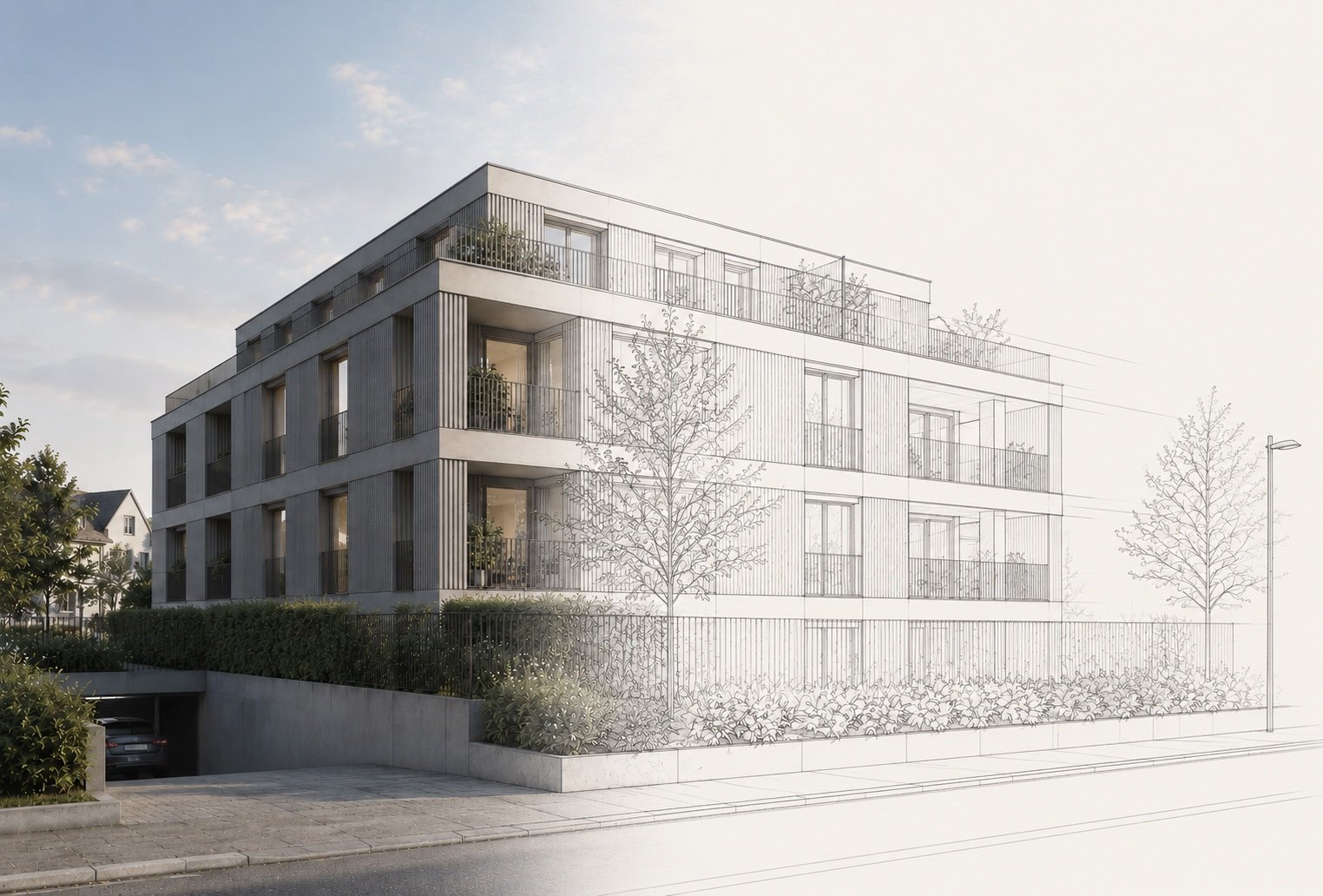 Architektonische Visualisierung einer Wohnliegenschaft mit Planzeichnung
