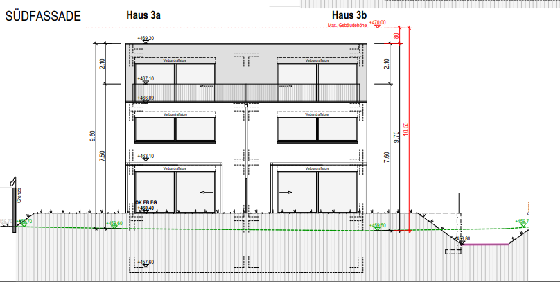 Bauzeichnung der S&uuml;dfassade von Haus 3a und 3b mit eingetragenen H&ouml;henkoten und Gel&auml;ndelinie