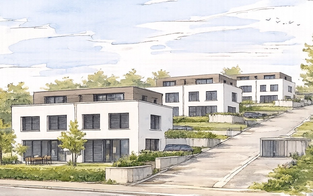 Aquarell-Visualisierung des Projekts Gibelfeld mit drei Doppeleinfamilienhäusern