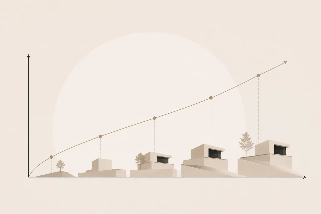Visualisierung einer wachsenden Entwicklungslinie von Bestand zu architektonischem Wohnraum